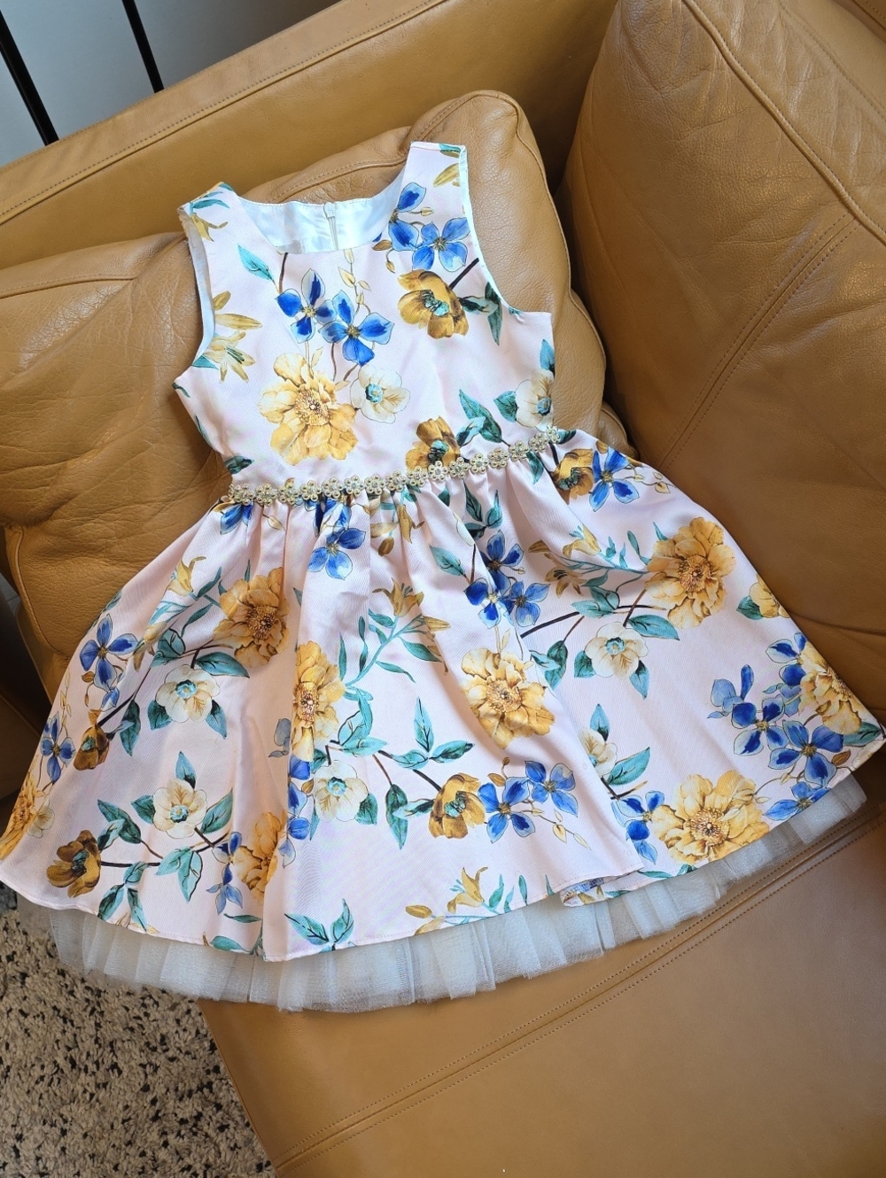 Elegant Floral Girls' Party Dress in Cream with Yellow & Blue Flowers